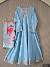 Royal Plus Size Vichitra Silk Floor-Length Anarkali with Floral Brasso Silk Dupatta & Side Pockets