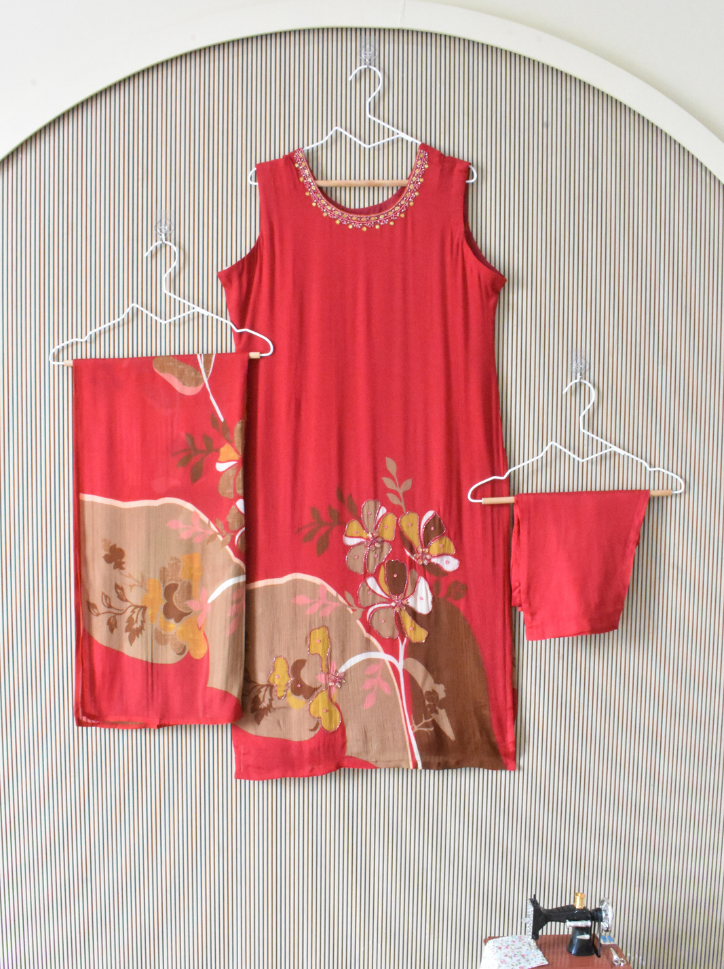 Plus Size Red Chinon Floral Kurti Set