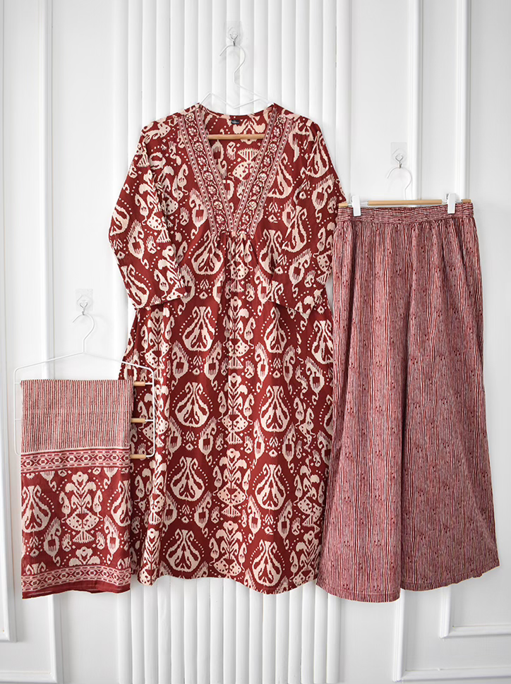 Rust Red Ikkat Printed Cotton A-Line Suit Set