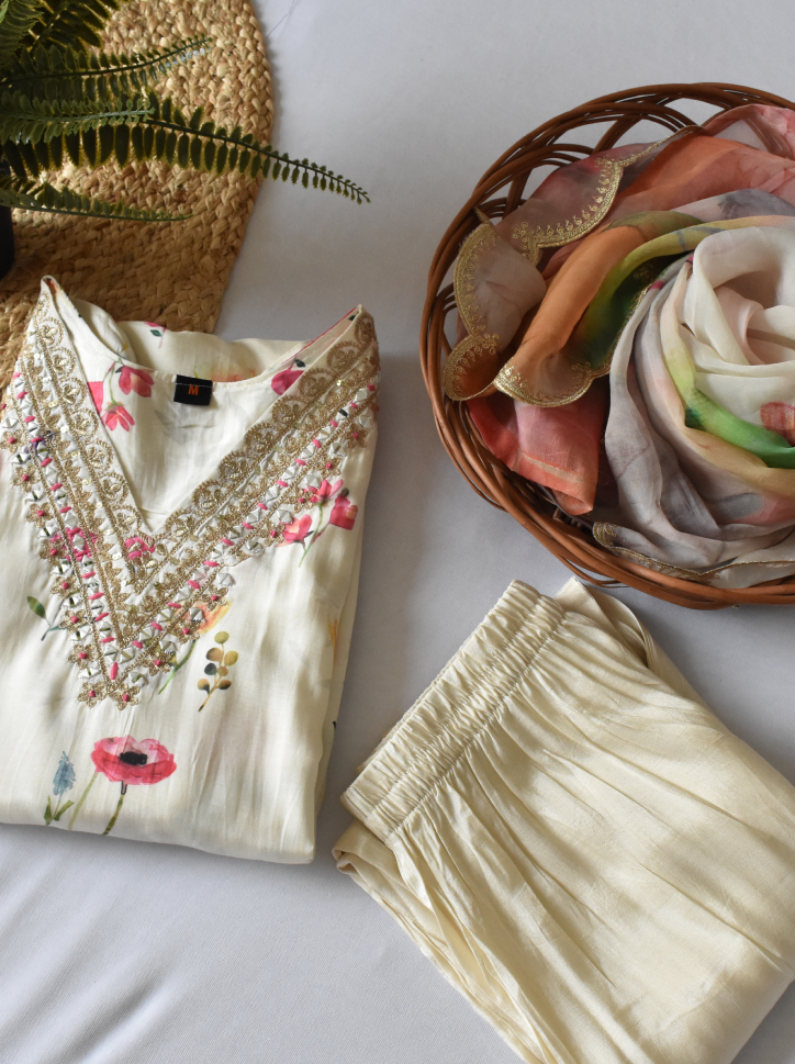 Ivory Bloom Embroidered Stitched Muslin Suit Set
